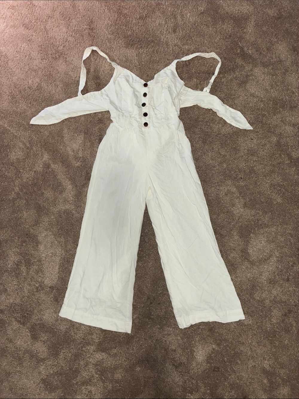 Urban Outfitters White Off-Shoulder Button-Front Wide Leg Jumpsuit